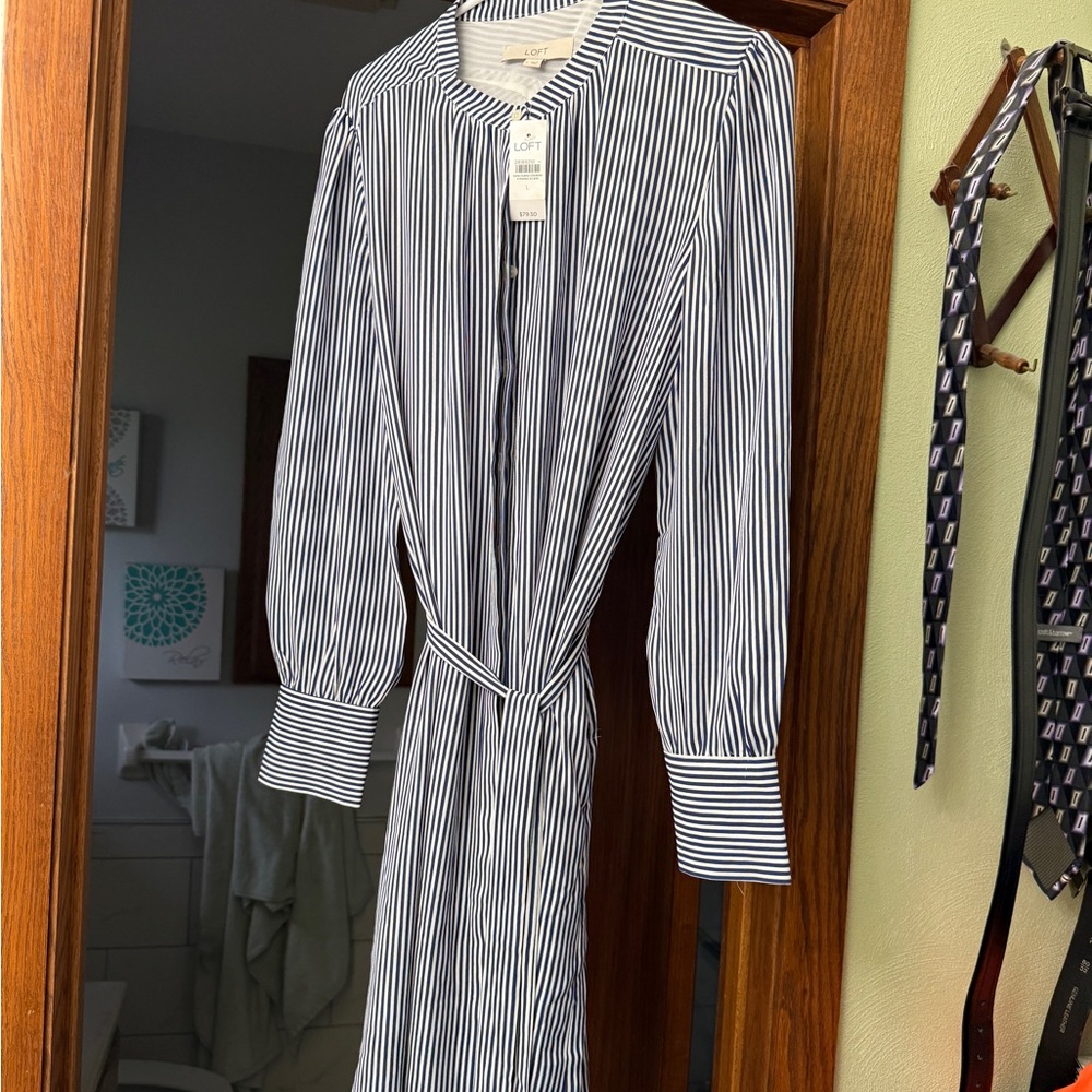 LOFT Black and White Striped Long Sleeve Dress